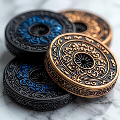 Obraz premium A modern set of three-dimensional, realistic black rubber ice hockey pucks, shown isolated on a transparent background. The sturdy, round disk is a crucial element of the winter team sport.