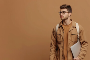 A stylish young man walking with a laptop and bag, representing modern nomadic work and travel lifestyle.