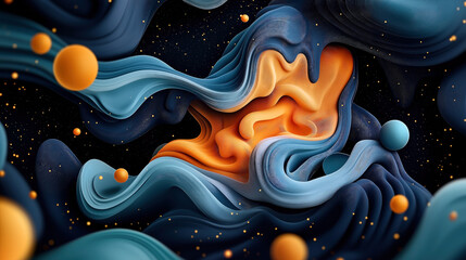 Obraz premium Abstract composition of flowing blue and orange shapes with spherical elements against a dark background, evoking cosmic motion or fluid dynamics.