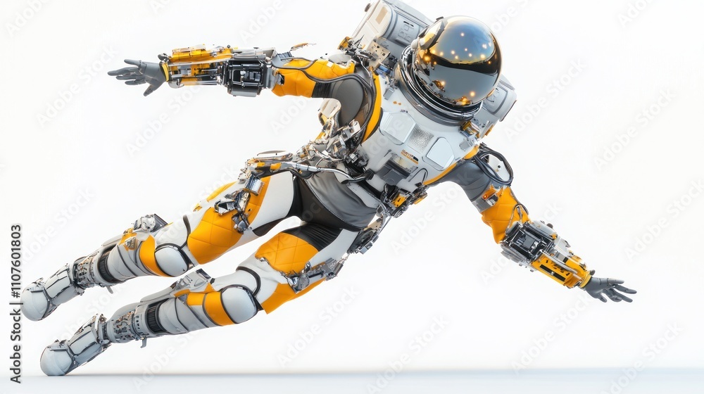 Poster a futuristic astronaut in a sleek orange and gray suit, simulating zero-gravity movement.