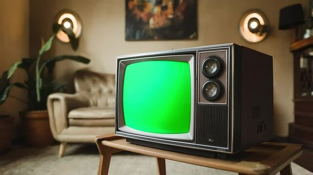 Zoom-In Green screen on a vintage retro TV, brown tones in the background
