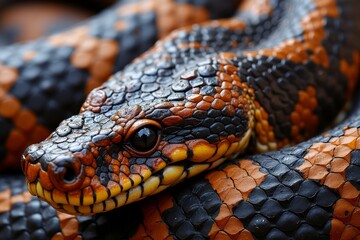 Fototapeta premium Close-up of a vibrant orange and black snake with detailed scales and striking eyes