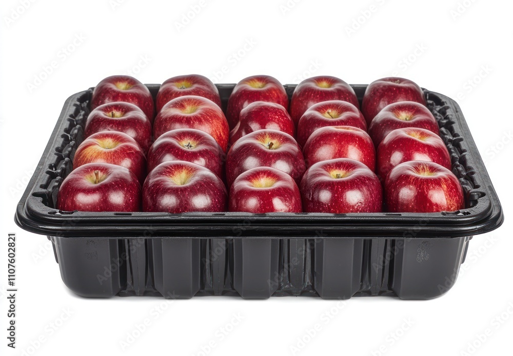 Aufkleber a plastic container filled with red apples arranged in a grid pattern.