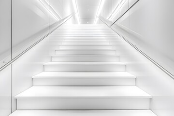 Fototapeta premium A minimalist staircase illuminated with bright, even lighting, leading upward in a modern space.
