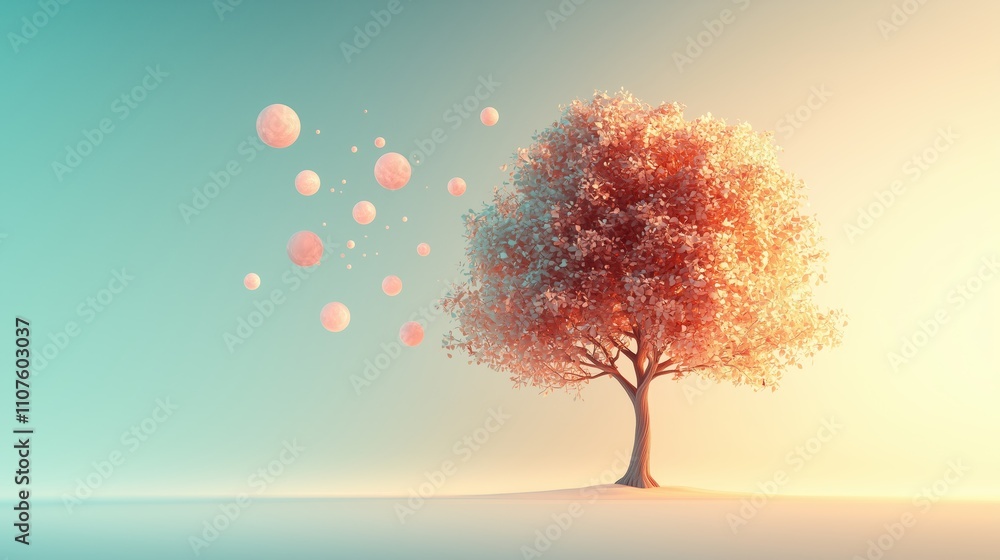 Poster dreamy tree with floating spheres in soft light