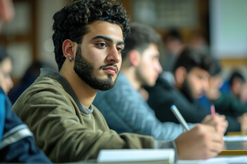 Obraz premium A diverse group of students attentively listening and taking notes during a lecture in a university classroom setting.