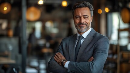 Fototapeta premium A confident businessman poses in a modern cafe setting, exuding professionalism and charm.