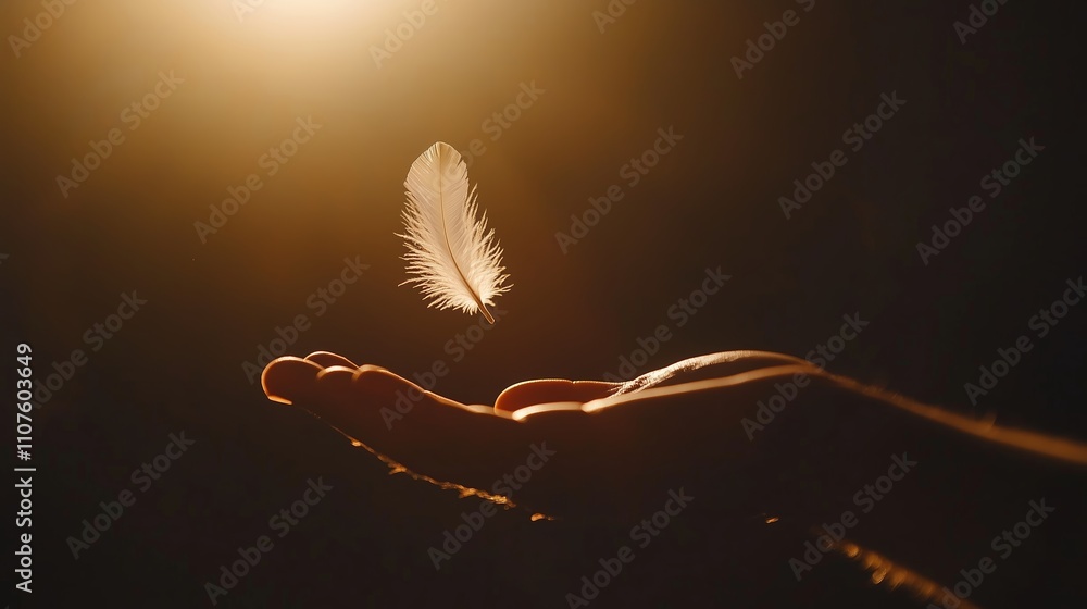 Aufkleber feather floating above an open hand in soft golden light creating a serene atmosphere