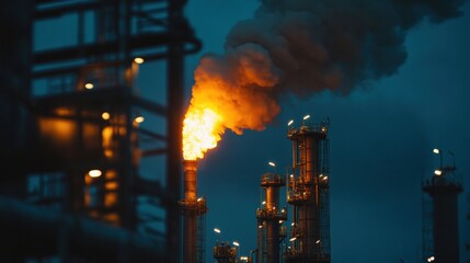 Close-up of gas flaring equipment glowing at night, showing fuel refining in progress