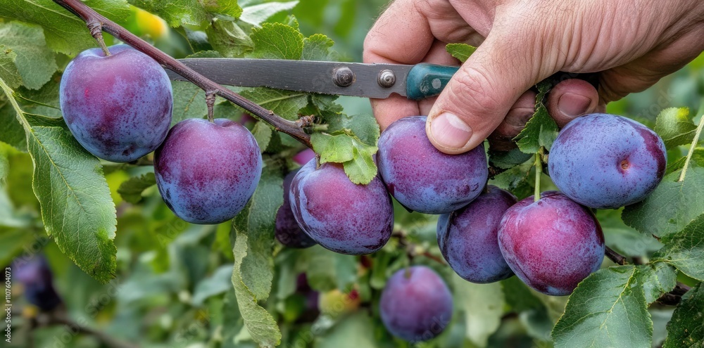 Aufkleber a hand using scissors to harvest ripe plums from a tree branch.