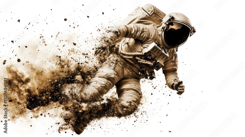 Poster an astronaut appears to be floating through a cloud of dust and debris.
