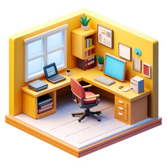 Cozy isometric home office with computer, desk, chair, and bookshelves.