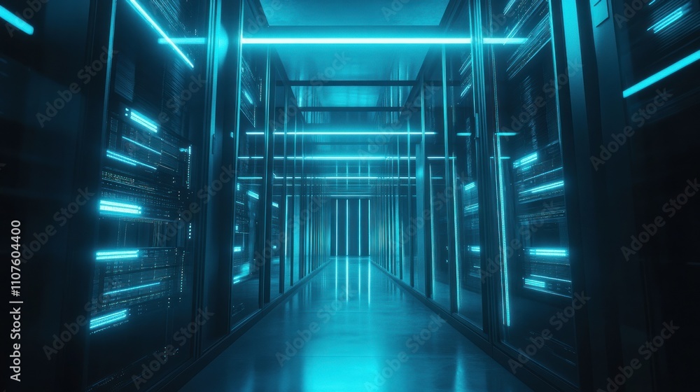 Poster a futuristic data center hallway illuminated with blue lights and lined with server racks.