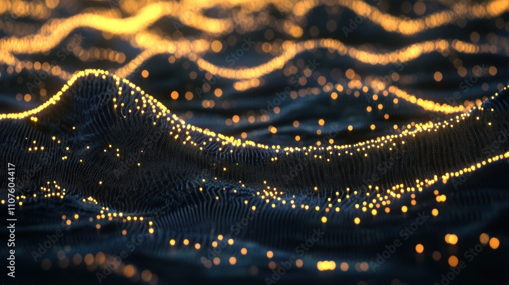 Poster Abstract representation of waves with glowing particles, suggesting movement and energy.