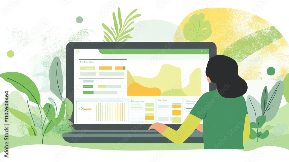 Poster a person interacts with a data analytics dashboard on a laptop amidst green foliage.
