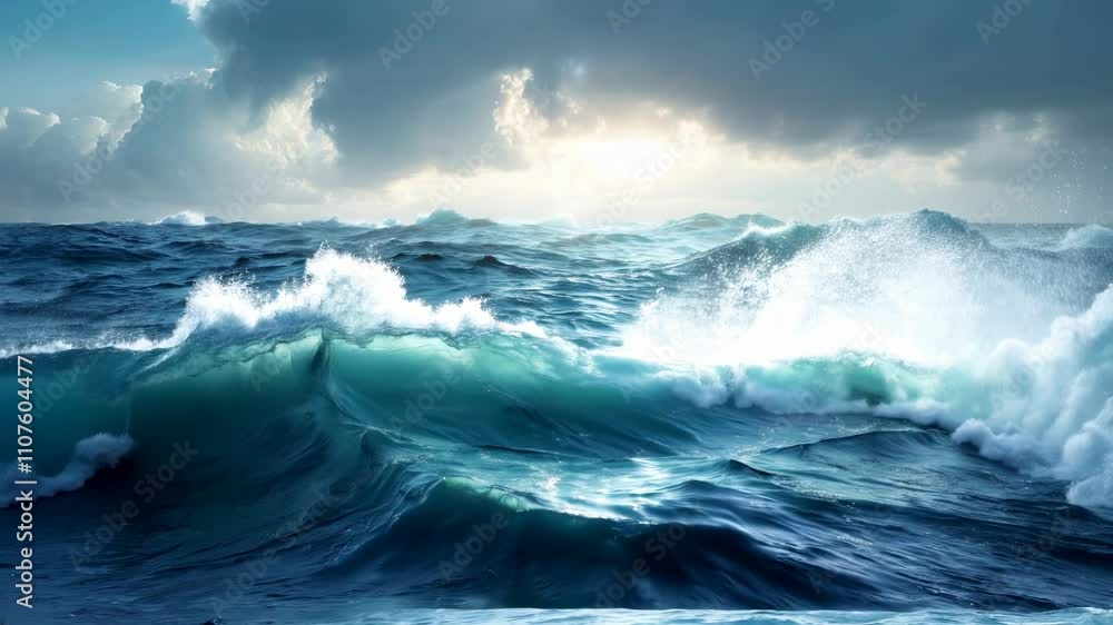 Poster sunlight breaks through dark clouds as powerful waves crash against each other, creating a stunning 