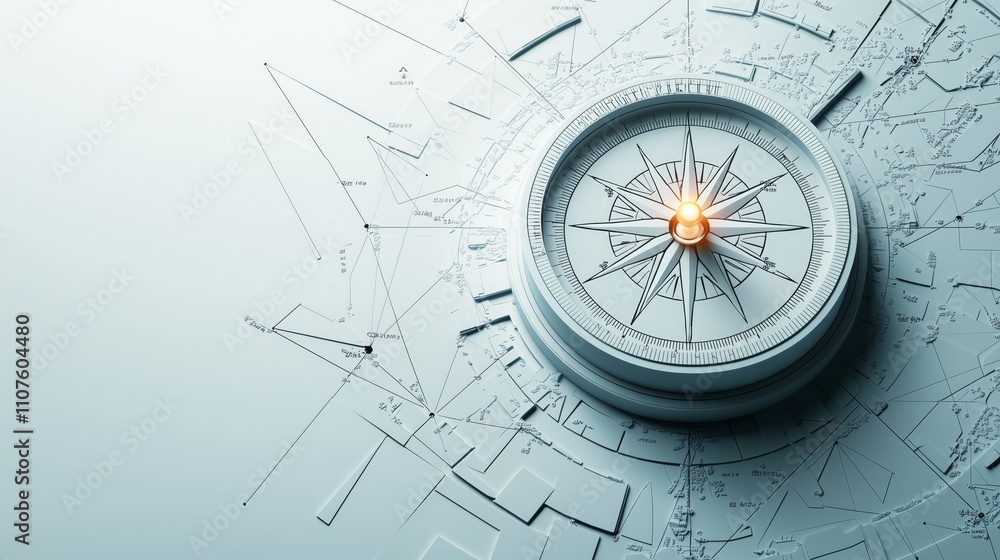 Poster compass on abstract map background with light glow