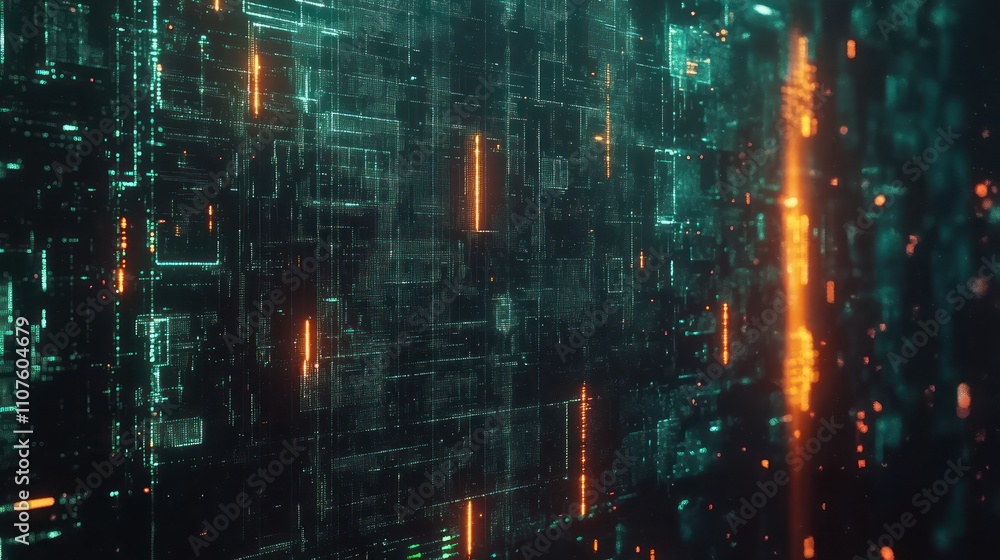 Poster abstract digital landscape with glowing lines and circuit-like patterns.