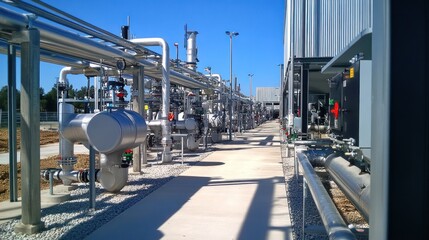 Complex piping systems at a natural gas processing facility, clean industrial design with high efficiency