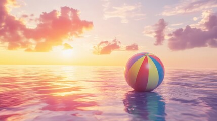 Colorful Beach Ball Floating in Calm Ocean at Sunset Horizon