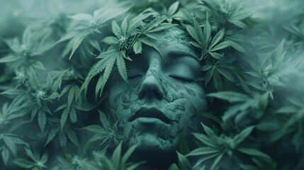 Ethereal Portrait of a Woman Covered in Green Cannabis Leaves