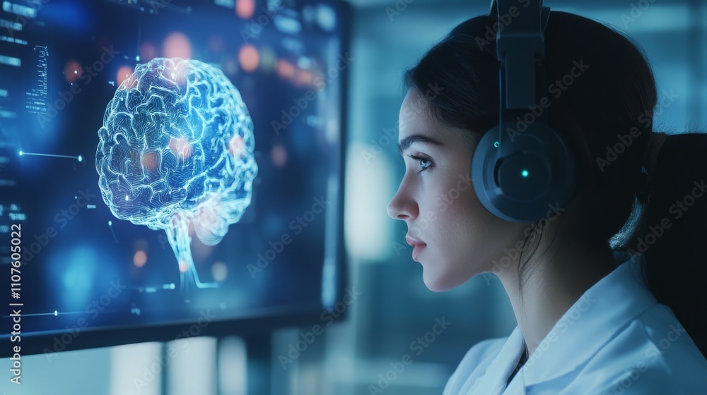 Poster A woman wearing a white lab coat listens intently with headphones while analyzing neural data displayed on a monitor. The setting is a contemporary office equipped with high-tech interfaces.