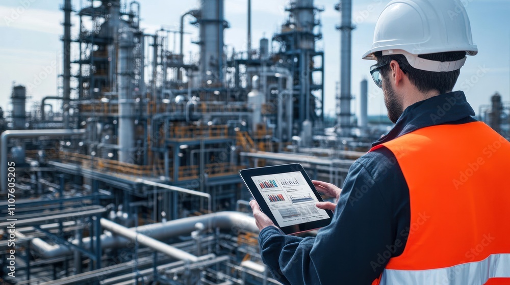 Wall mural engineer using digital systems to monitor fuel processing operations on a tablet