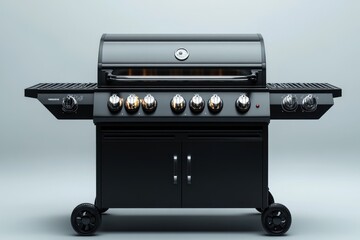 Obraz premium Black six-burner gas grill with side burners and stainless steel top on wheels.