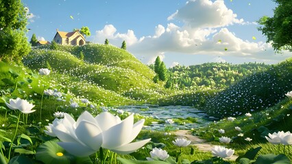 3D Cartoon Style Fantasy Flower Meadow Background