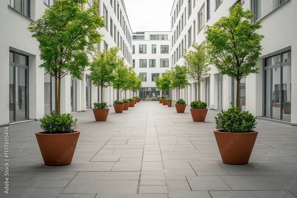 Poster a modern courtyard lined with potted trees and plants, creating a serene atmosphere.