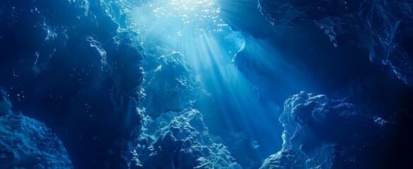 Underwater Sea Abyss with Blue Sunlight: Hyperrealistic, 4k image of a deep underwater abyss illuminated by blue sunlight.