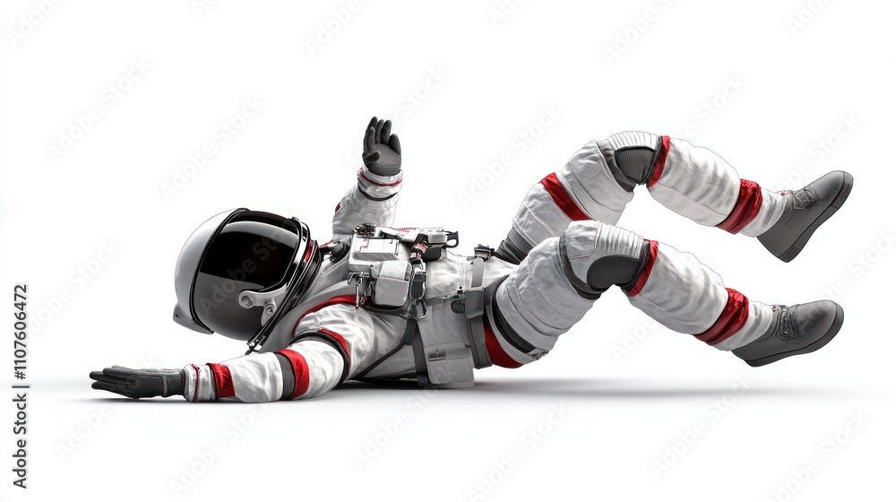 Poster an astronaut in a spacesuit lying on the ground, appearing to have fallen.