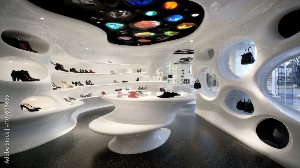 Poster a modern shoe store interior featuring unique design and display elements.