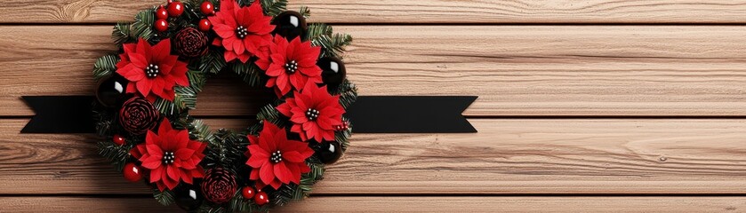 A festive Christmas wreath adorned with vibrant red poinsettias, black baubles, pinecones, and greenery, set against a wooden backdrop.