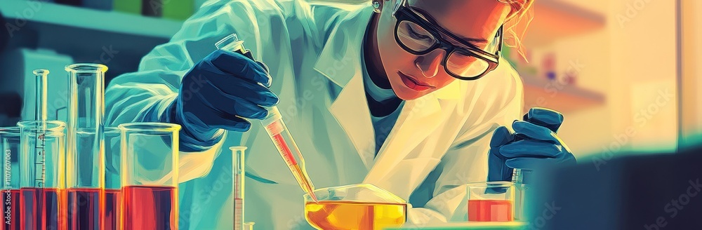 Poster Scientist conducting an experiment with a pipette in a laboratory setting.