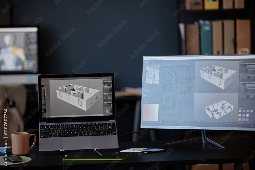 Poster dual monitors showing detailed 3d renderings of architectural designs in professional workspace. mug