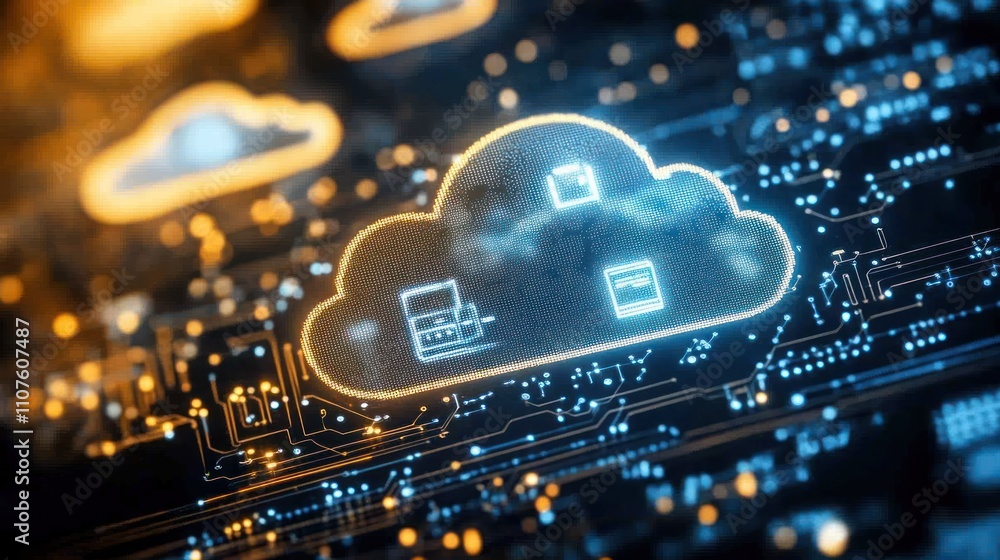Poster digital cloud concept with data storage icons on a circuit board background.