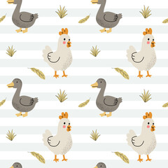 Seamless pattern with domestic animals. Cute farm birds pattern. Chicken, goose