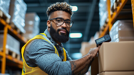 Portrait of a confident warehouse worker in a safety vest using a smartphone in a storage facility, representing logistics, delivery, inventory, and e-commerce for business use