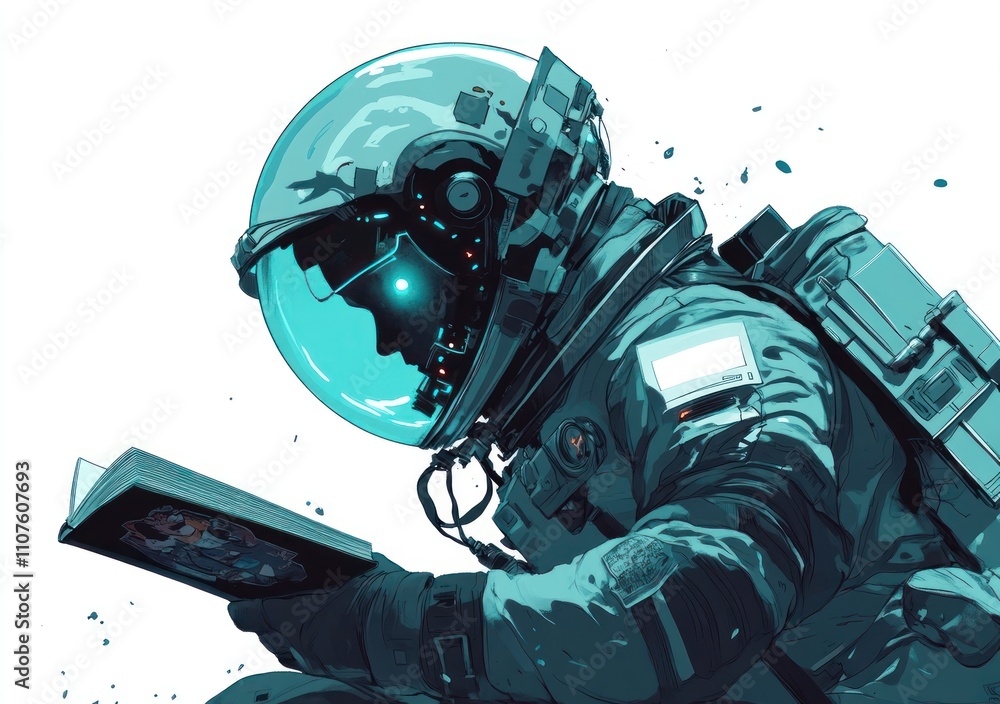 Poster an astronaut reading a book, immersed in a cosmic environment.