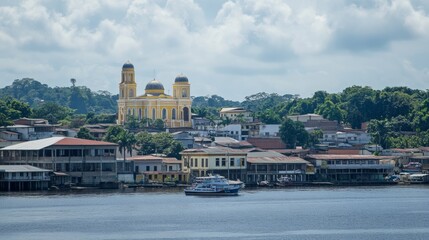 Panoramic view of a coastal town with a yellow church, boats, and lush greenery under a partly cloudy sky.