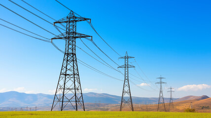 peak energy power load concept. High voltage powerline towers stretch across vibrant landscape