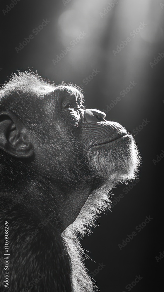Poster a side profile of a chimpanzee in black and white, illuminated by soft light.