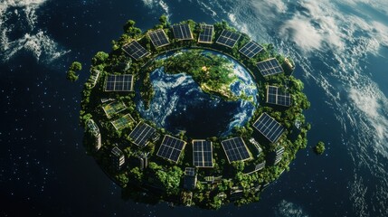 Futuristic Sustainable City Concept with Solar Panels and Nature
