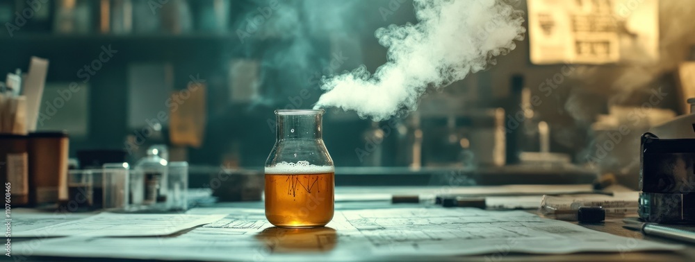 Poster a laboratory scene with a bubbling flask emitting steam over blueprints.