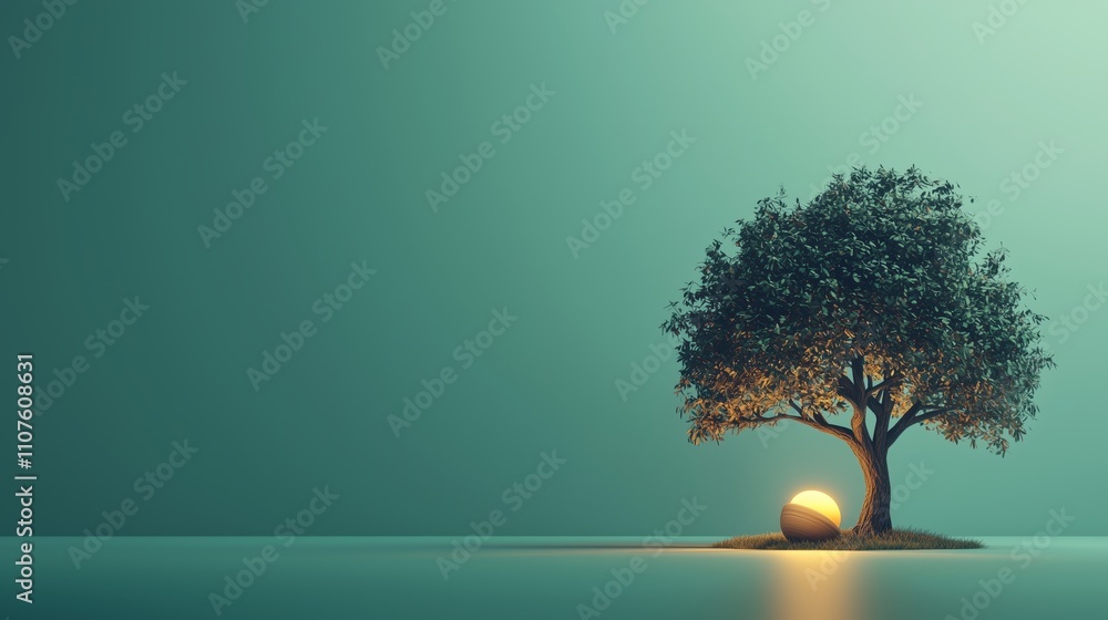 Poster serene tree with warm light and soft background