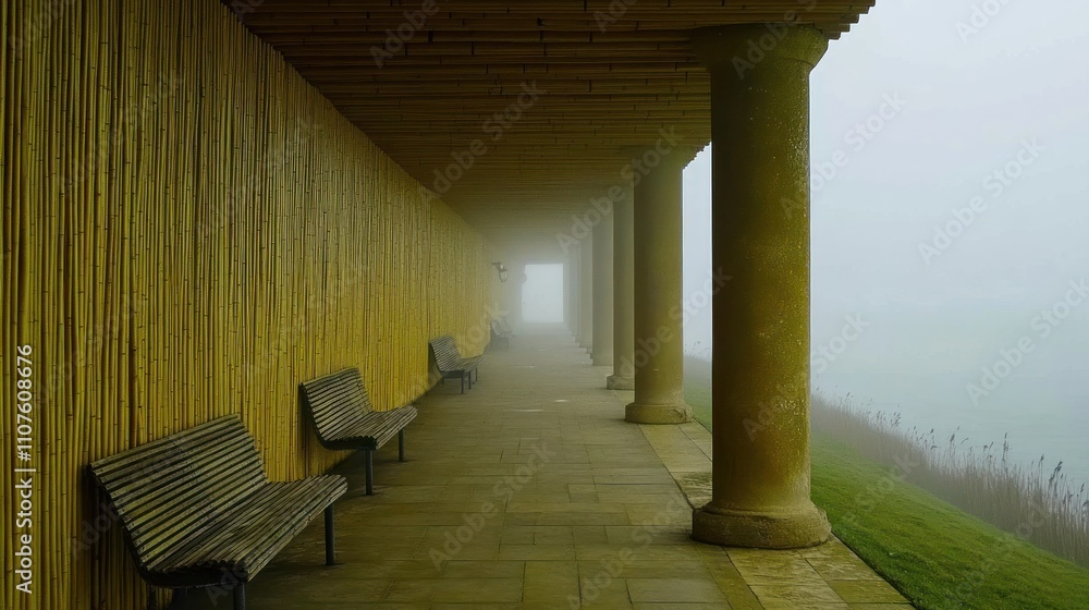 Poster a misty corridor with benches and columns, creating a serene, contemplative space.