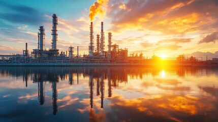 Obraz premium Oil refinery plant reflecting on water, creating a peaceful industrial landscape