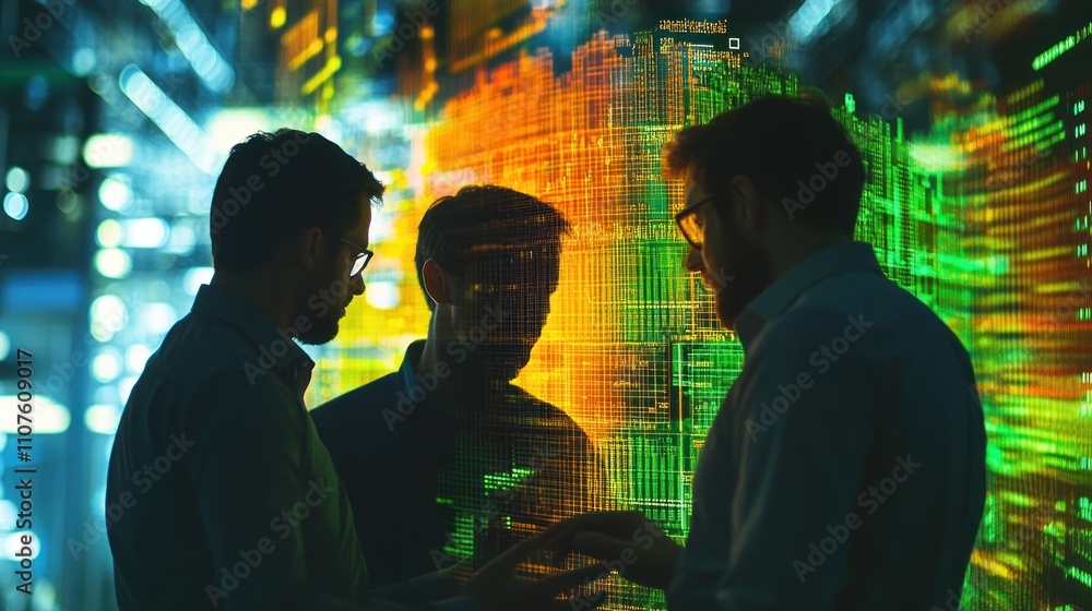 Poster Two professionals discussing data insights in a high-tech environment with vibrant visuals.
