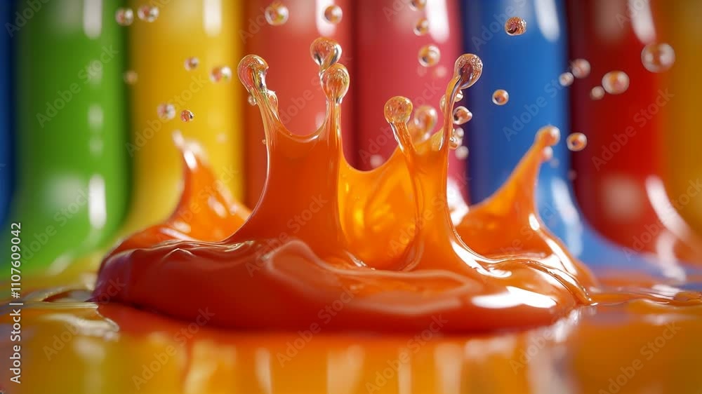 Aufkleber orange paint splashes dynamically in focus against a vivid rainbow-colored backdrop, emphasizing vib